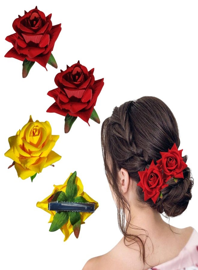 Artificial Rose Flower Hair Clip for Women, Bun and Hairstyle Accessory with Alligator Clip (Pack of 2 Red & 2 Yellow) - Image 1