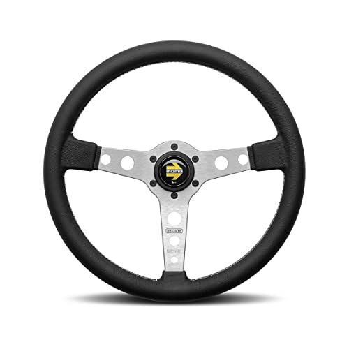 MOMO Motorsport Prototipo Steering Wheel Black Leather Grip, Brushed Aluminum Spoke White Stitching 320mm - Image 1