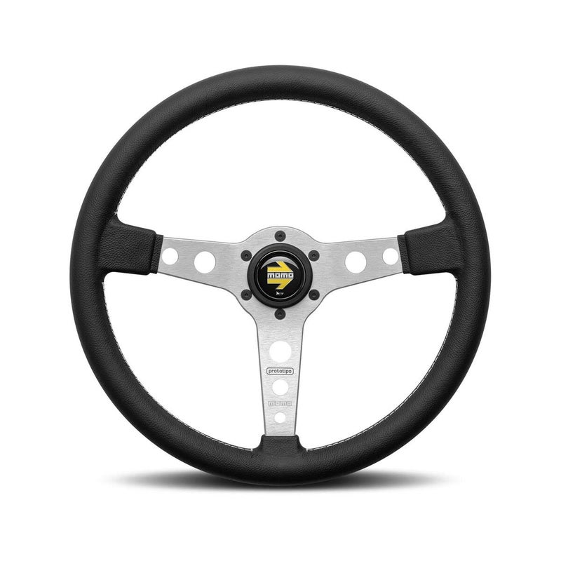 MOMO Motorsport Prototipo Steering Wheel Black Leather Grip, Brushed Aluminum Spoke White Stitching 320mm - Image 4
