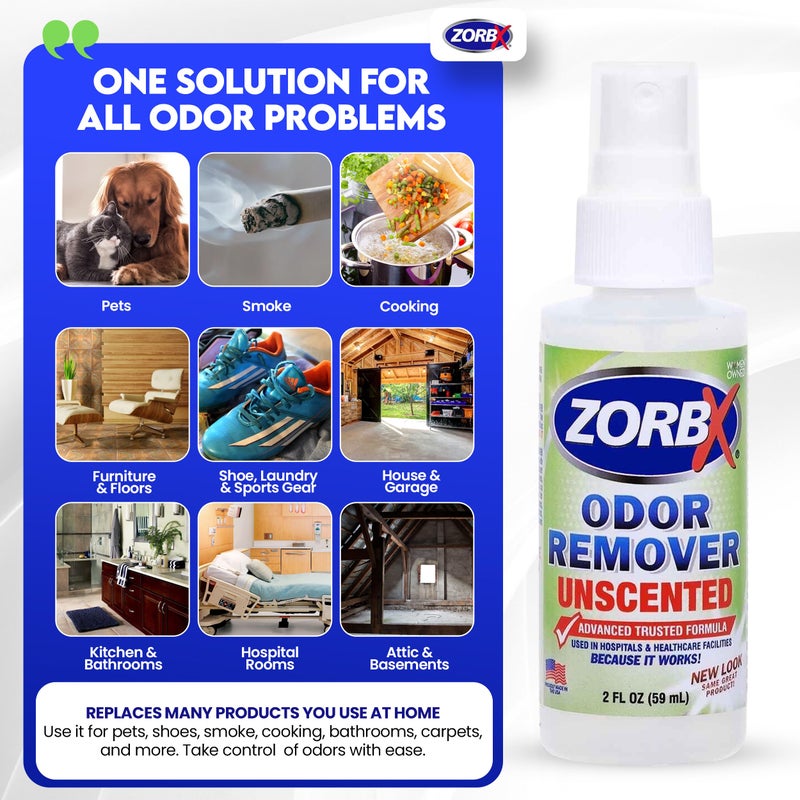 ZORBX Unscented Odor Eliminator for Strong Odor 2 Fl Oz, Pack of 1 - Used in Hospitals & Healthcare Facilities - Advanced Formula, Fast-Acting Odor Remover Spray for Dog, Cat, House & Carpet - Image 3
