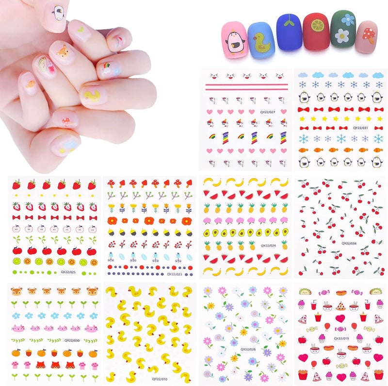 IHUKEIT 10 Sheets Cute Nail Stickers for Kids Including Animals Fruits Flowers Food Rainbow Leaves Designs Self Adhesive Nail Decals for Little Girls Women Nail Art Decoration Fun - Image 1