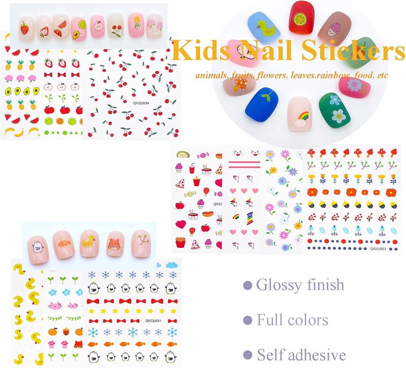 IHUKEIT 10 Sheets Cute Nail Stickers for Kids Including Animals Fruits Flowers Food Rainbow Leaves Designs Self Adhesive Nail Decals for Little Girls Women Nail Art Decoration Fun - Image 4