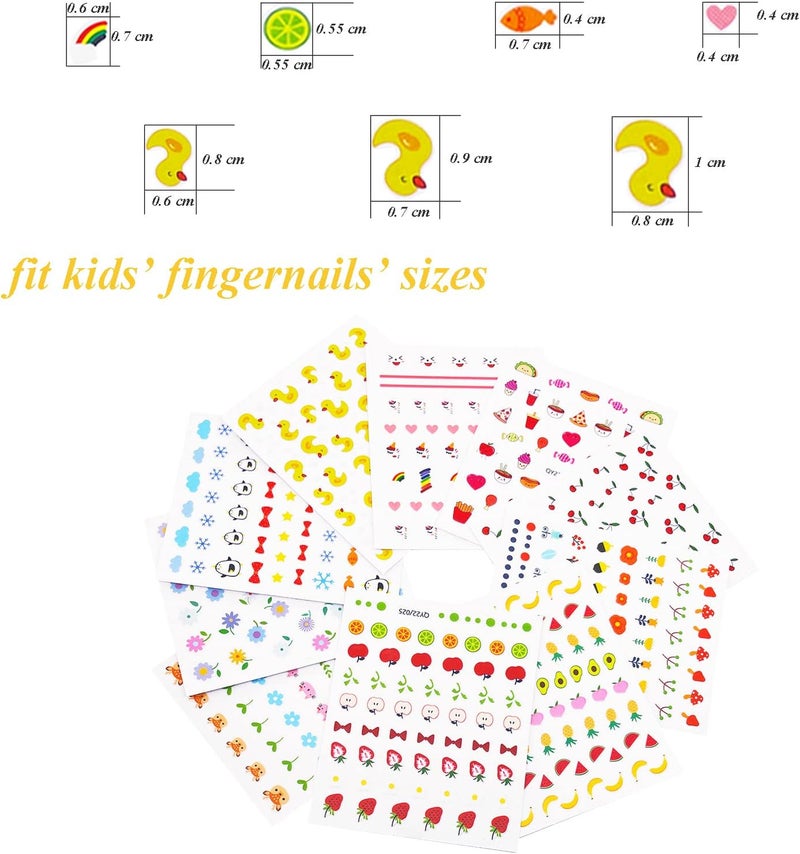 IHUKEIT 10 Sheets Cute Nail Stickers for Kids Including Animals Fruits Flowers Food Rainbow Leaves Designs Self Adhesive Nail Decals for Little Girls Women Nail Art Decoration Fun - Image 3
