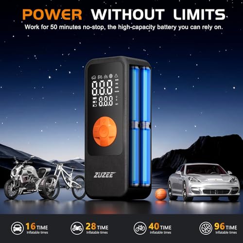 ZUZEE Tire Inflator Portable Air Compressor, 4X Faster Inflation & High-Capacity Battery, Tire Pump with Digital Pressure Gauge & LED Light, 150PSI Air Pump for Car Tires, Motorcycle, Bike, Ball, etc - Image 5