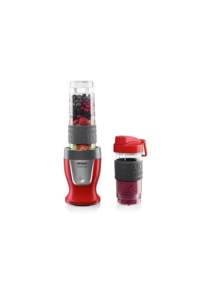 arzum okka - Arzum Personal Blender 300 watt Contains 2 containers of 570ml and 400ml , Anti-rust stainless steel blades with serrated edges for crushing ice . Features a non slip base - AR1032  Red - Image 1