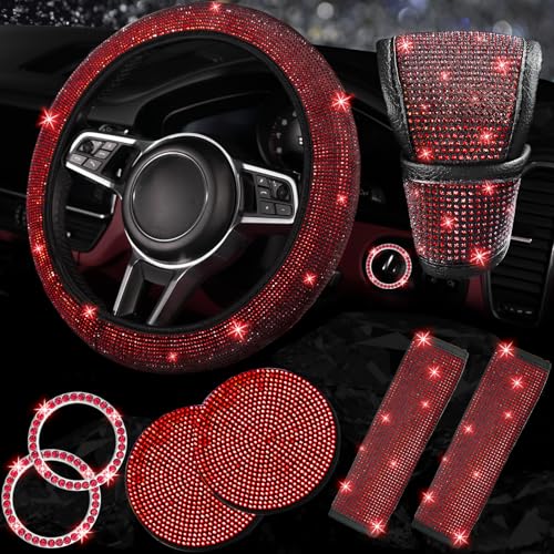 NBTEPEM 8 pcs Red Bling Car Accessories Set for Women, Steering Wheel Cover, Sparkly Seat Belt Covers, Bling Gear Shift Cover, Universal Fit Most Cars (Red Diamond) - Image 1