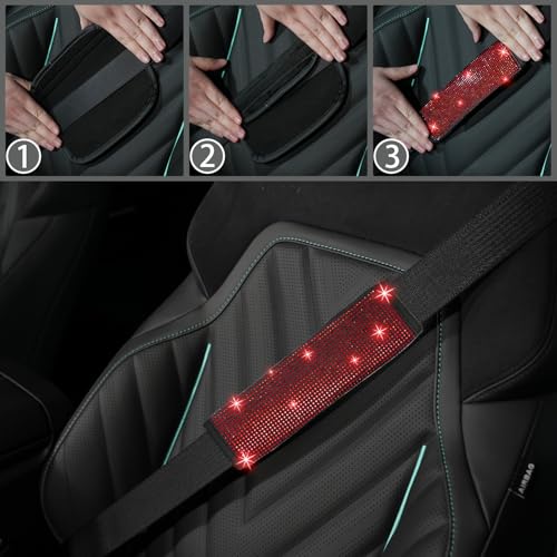 NBTEPEM 8 pcs Red Bling Car Accessories Set for Women, Steering Wheel Cover, Sparkly Seat Belt Covers, Bling Gear Shift Cover, Universal Fit Most Cars (Red Diamond) - Image 3