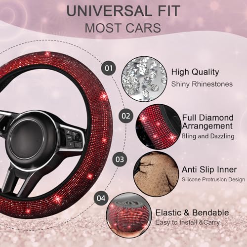 NBTEPEM 8 pcs Red Bling Car Accessories Set for Women, Steering Wheel Cover, Sparkly Seat Belt Covers, Bling Gear Shift Cover, Universal Fit Most Cars (Red Diamond) - Image 2