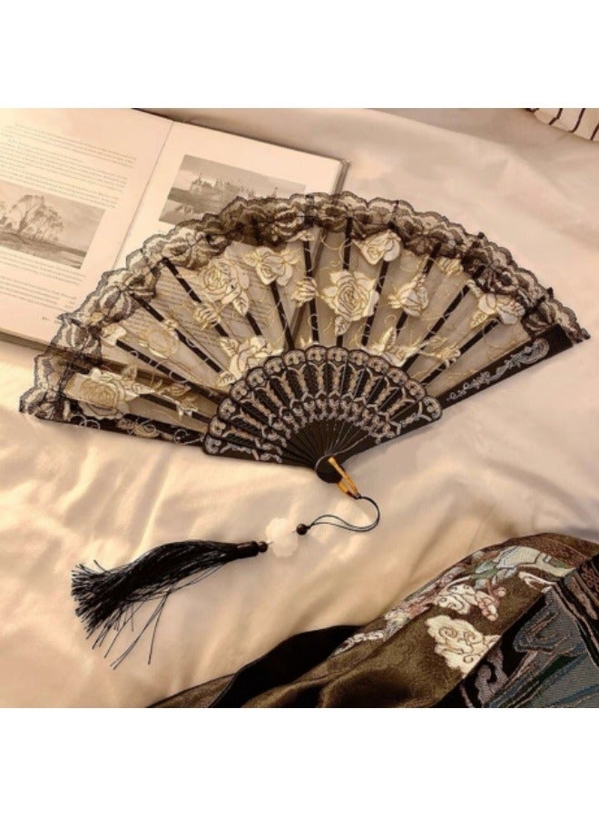Rose Lace Fan Women's Handheld Fan Wall Decoration Wedding Party Girl Gift Black  - Image 1