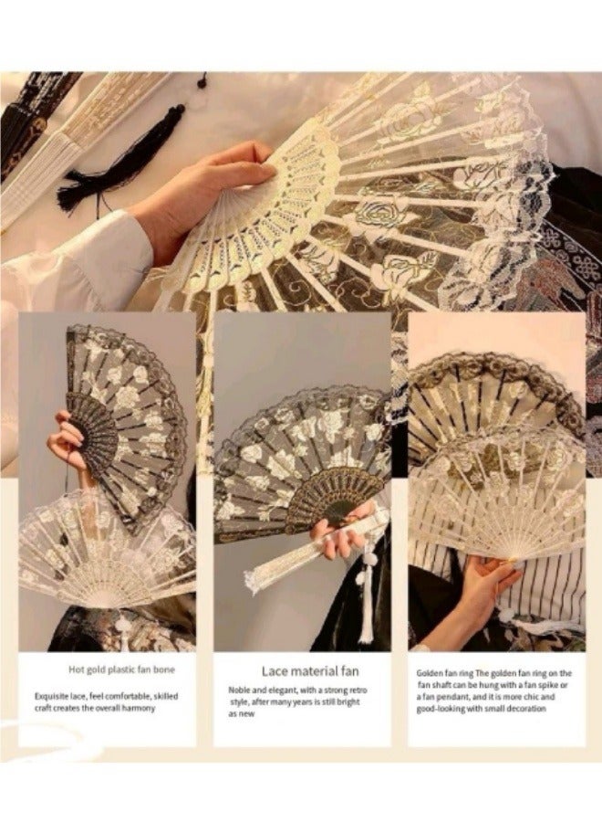 Rose Lace Fan Women's Handheld Fan Wall Decoration Wedding Party Girl Gift Black  - Image 3
