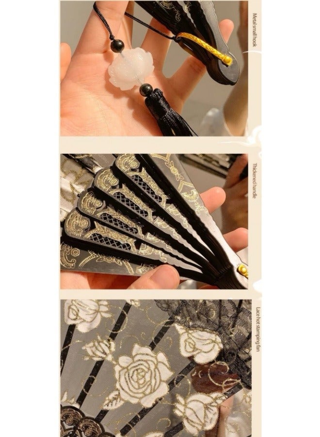 Rose Lace Fan Women's Handheld Fan Wall Decoration Wedding Party Girl Gift Black  - Image 4