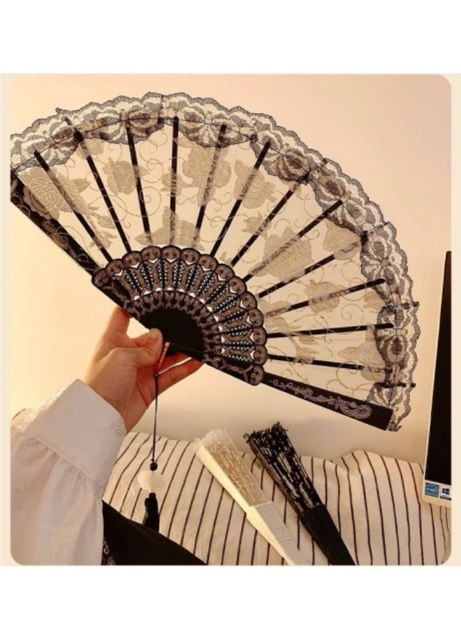 Rose Lace Fan Women's Handheld Fan Wall Decoration Wedding Party Girl Gift Black