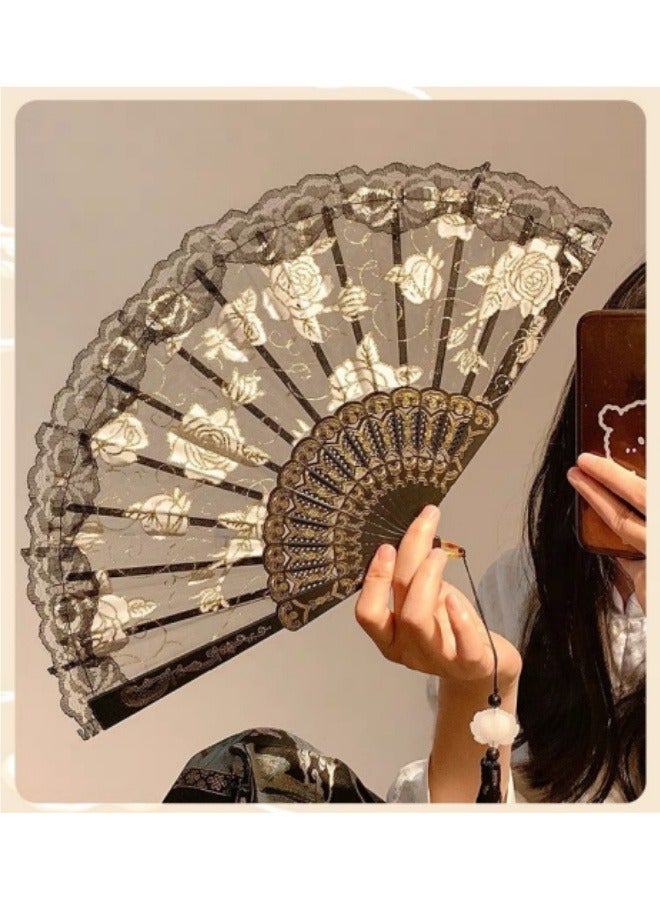 Rose Lace Fan Women's Handheld Fan Wall Decoration Wedding Party Girl Gift Black  - Image 2