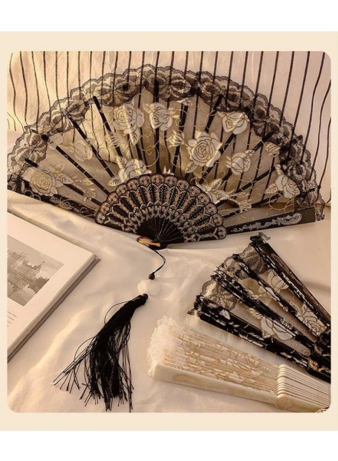 Rose Lace Fan Women's Handheld Fan Wall Decoration Wedding Party Girl Gift Black  - Image 5