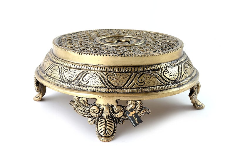 Two Moustaches Ethnic Indian Handcrafted Round Brass Chowki with 4 Carved Legs Material Brass Weight 15 Kg Dimensions 7X7X3 Inches Antique White - Image 4