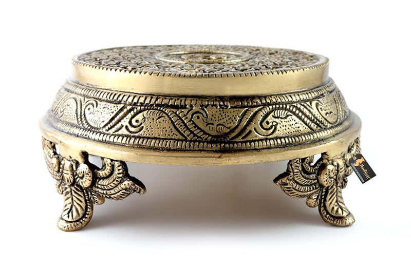Two Moustaches Ethnic Indian Handcrafted Round Brass Chowki with 4 Carved Legs Material Brass Weight 15 Kg Dimensions 7X7X3 Inches Antique White - Image 3