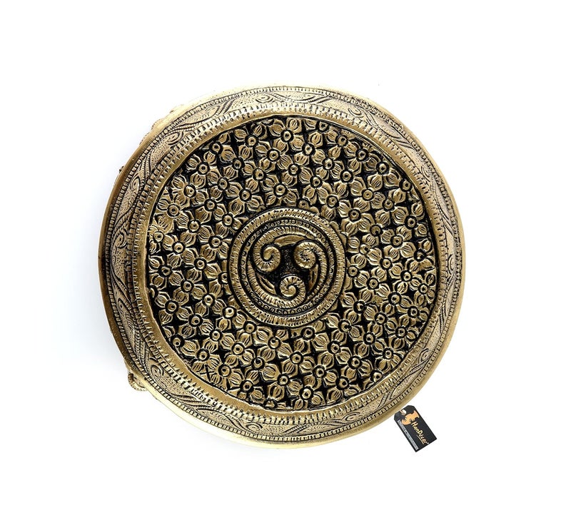 Two Moustaches Ethnic Indian Handcrafted Round Brass Chowki with 4 Carved Legs Material Brass Weight 15 Kg Dimensions 7X7X3 Inches Antique White - Image 2