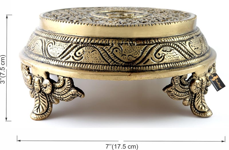 Two Moustaches Ethnic Indian Handcrafted Round Brass Chowki with 4 Carved Legs Material Brass Weight 15 Kg Dimensions 7X7X3 Inches Antique White - Image 5