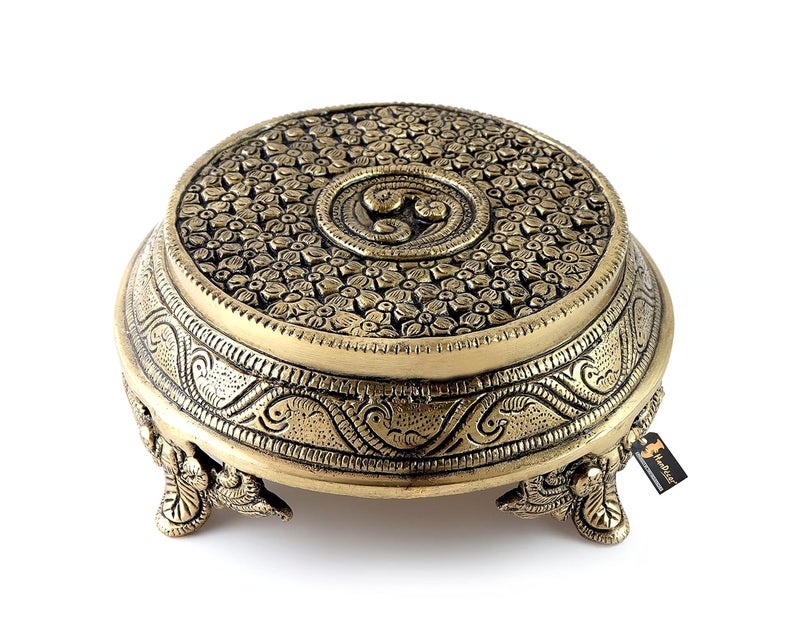 Two Moustaches Ethnic Indian Handcrafted Round Brass Chowki with 4 Carved Legs Material Brass Weight 15 Kg Dimensions 7X7X3 Inches Antique White - Image 1