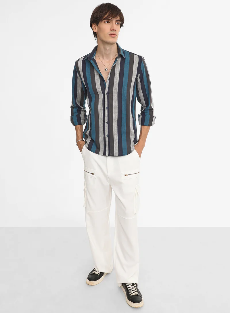 Campus Sutra Men's Lapis Blue & Ash Grey Block-Striped Shirt