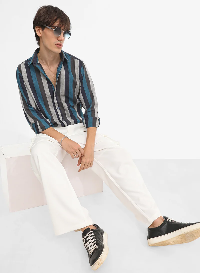 Campus Sutra Men's Lapis Blue & Ash Grey Block-Striped Shirt