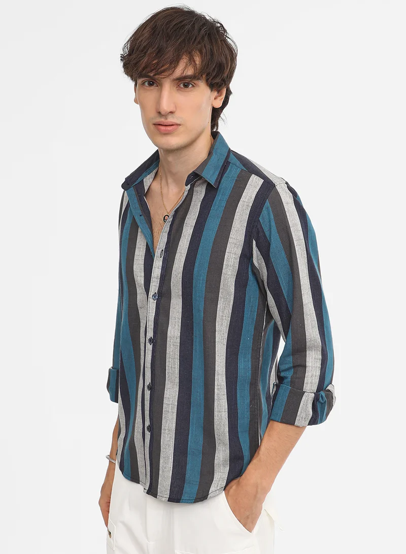 Campus Sutra Men's Lapis Blue & Ash Grey Block-Striped Shirt