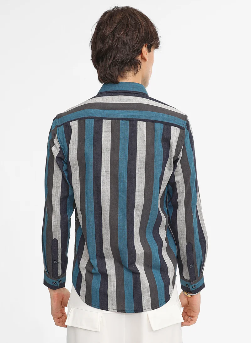 Campus Sutra Men's Lapis Blue & Ash Grey Block-Striped Shirt