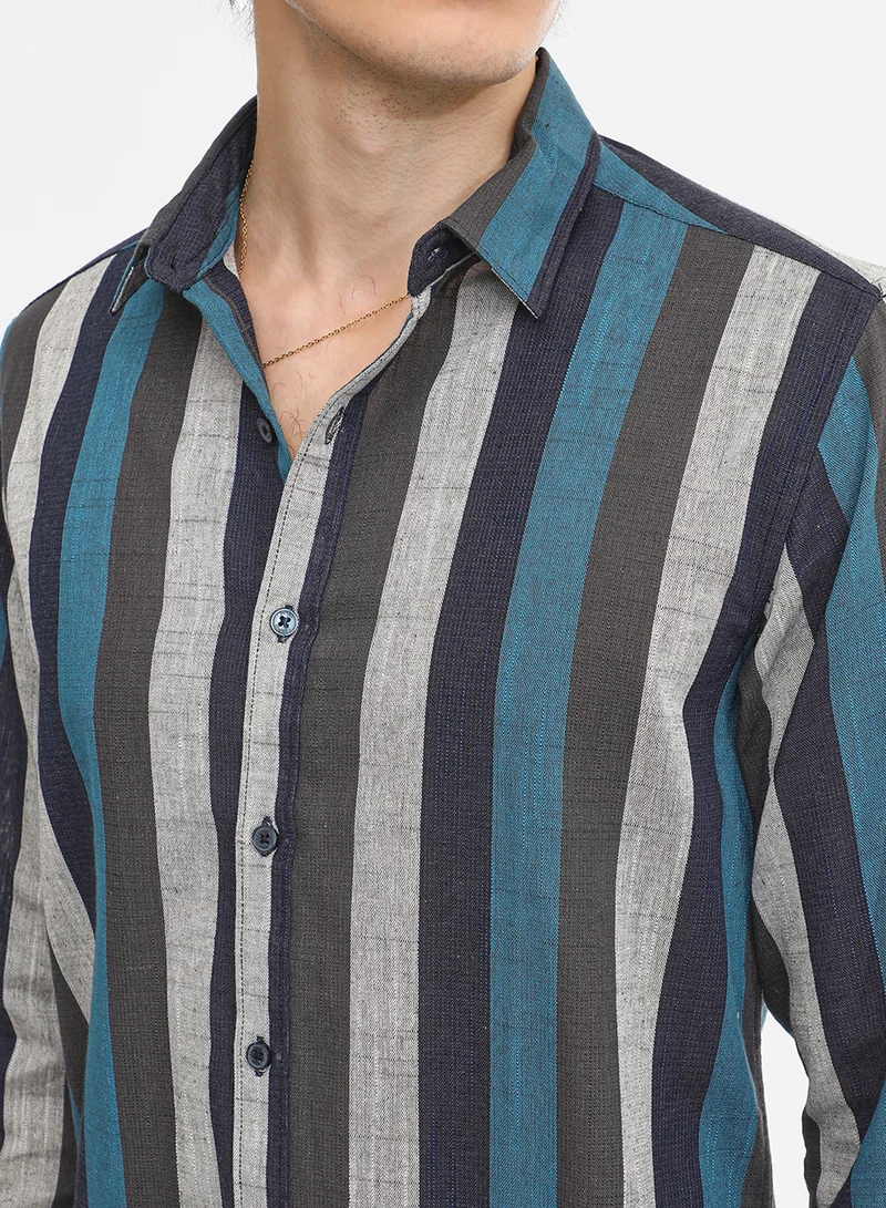 Campus Sutra Men's Lapis Blue & Ash Grey Block-Striped Shirt