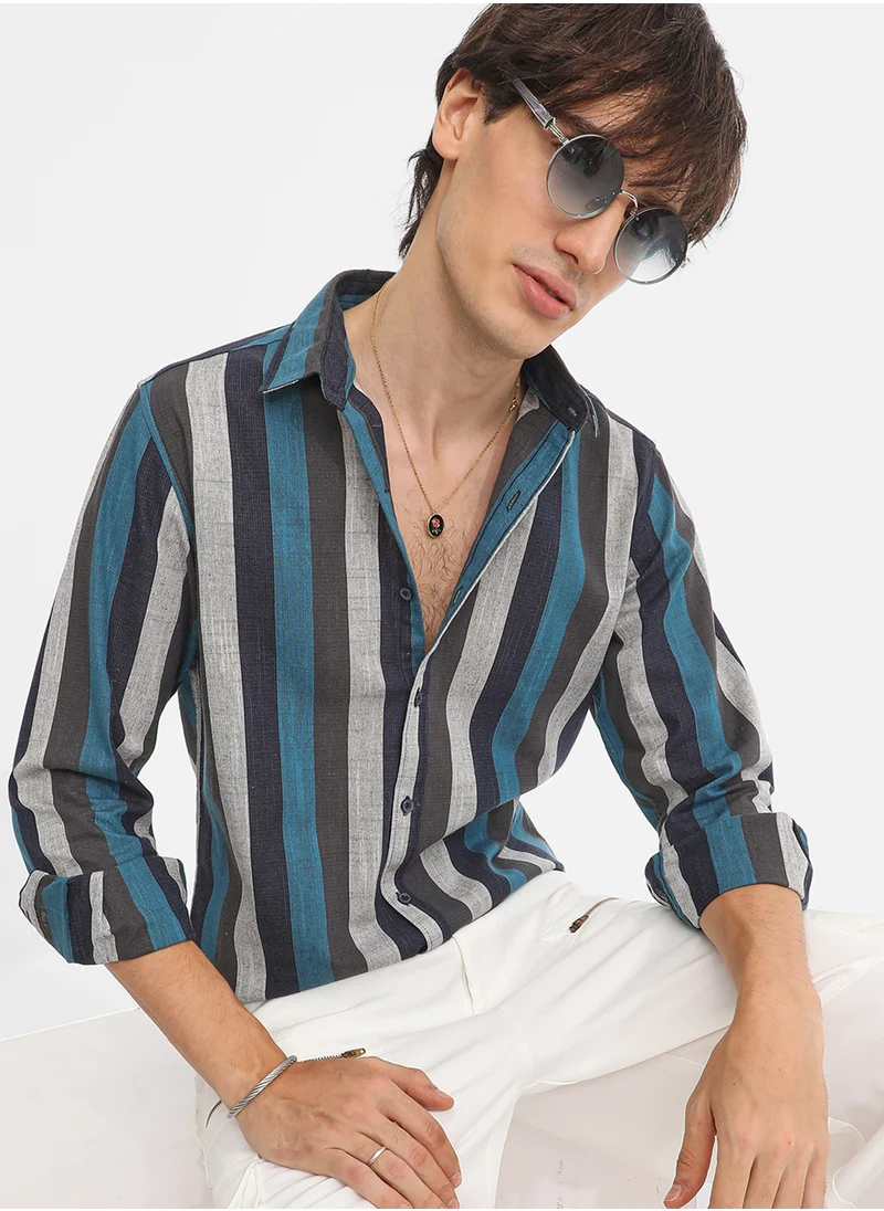 كامبوس سوترا Men's Lapis Blue & Ash Grey Block-Striped Shirt