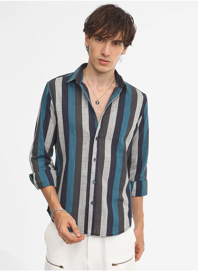 كامبوس سوترا Men's Lapis Blue & Ash Grey Block-Striped Shirt