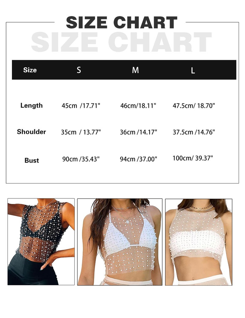 Meladyan Women's Sexy Sheer Mesh Diamond Rhinestone Crop Tank See Through Hollow Out Sleeveless Crewneck Cropped Going Top, Black, Medium - Image 4