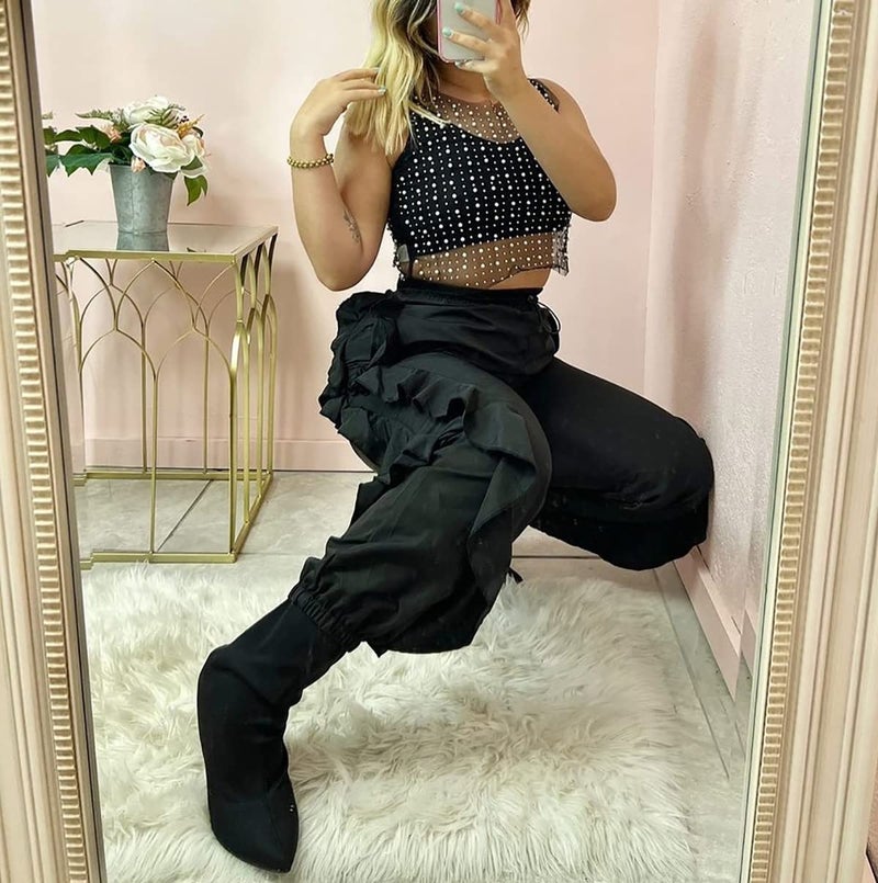 Meladyan Women's Sexy Sheer Mesh Diamond Rhinestone Crop Tank See Through Hollow Out Sleeveless Crewneck Cropped Going Top, Black, Medium - Image 5