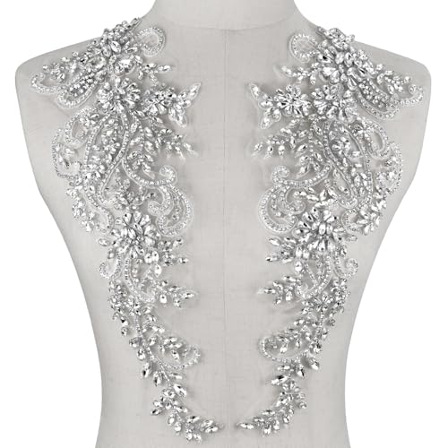 Aphlos 1 Pair Rhinestone Appliqué Patches for Dresses, 15.3"x5.9" Beaded Crystal Embellishments for Bridal Gowns, Evening Wear, Dance Costumes, Sewing DIY Projects, Wedding Dress, Clothing Design - Image 1