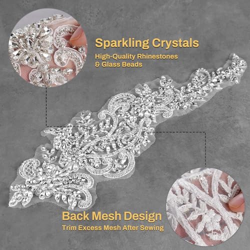 Aphlos 1 Pair Rhinestone Appliqué Patches for Dresses, 15.3"x5.9" Beaded Crystal Embellishments for Bridal Gowns, Evening Wear, Dance Costumes, Sewing DIY Projects, Wedding Dress, Clothing Design - Image 5
