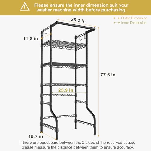 Ulif U11 Mini Over Washer and Dryer Shelves, 3 Tiers Laundry Room Storage and Organizer Standing Shelf, Metal Freestanding Clothes Drying Rack, 28.3”W x 19.7”D x 77.6”H, Black - Image 3