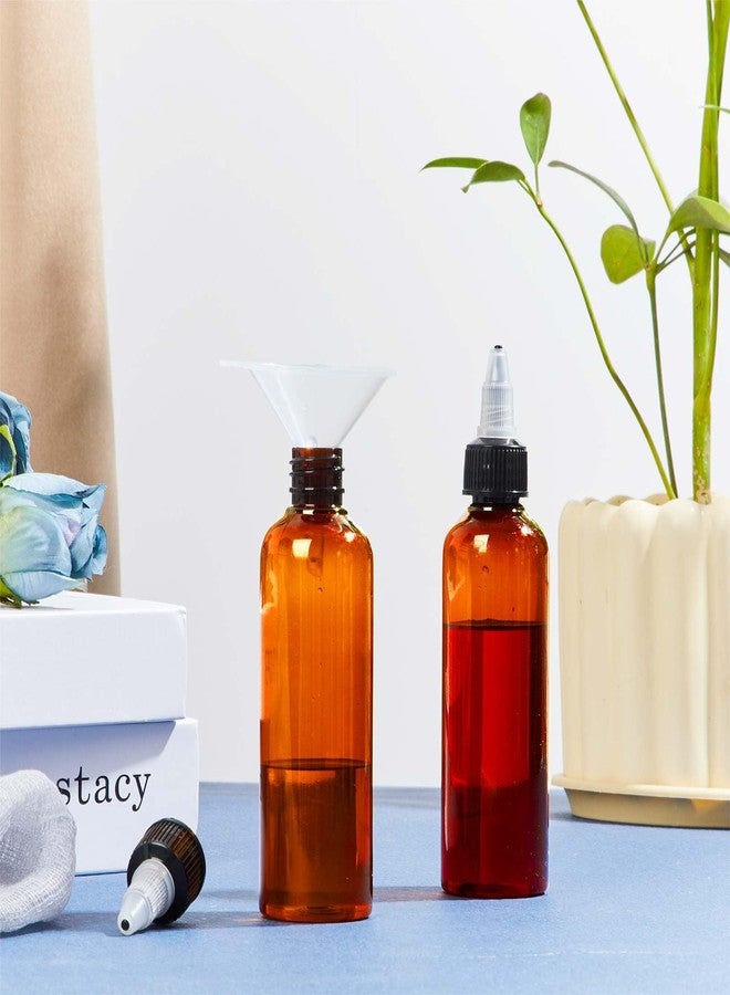 Barydat مجموعة باريدات المكونة من 12 زجاجة لوضع زيت الشعر، زجاجات بلاستيكية فارغة قابلة لإعادة التعبئة، غطاء علوي قابل لللف مع فوهة فتح وإغلاق وقمعين (3.5 أونصة، كهرماني) - Image 4