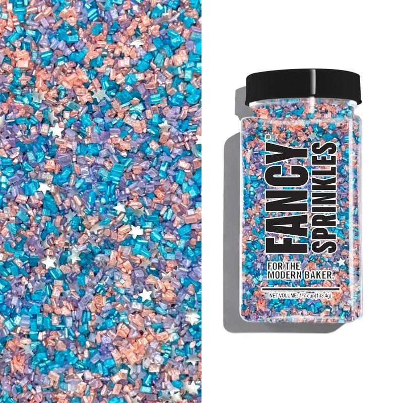 Fancy Sprinkles رشات فاخرة مطر أوبال سكر لؤلؤي خوخي، لافندر، وزرقاء باهتة مع نجوم جليتر صالحة للأكل فضية صغيرة (4 أونصات) - Image 1