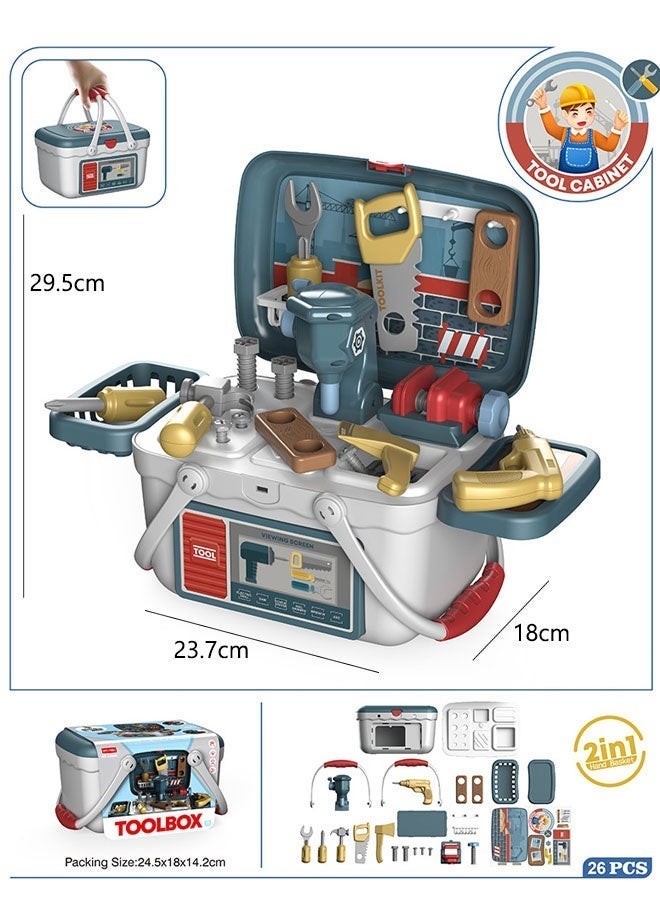 2-In-1 Portable Tool Set For Kids,Pretend Play Disassembly Tool Box,Mechanical Work Case Simulation Repair Tools Toys with Electric hand drill,Bolt Driver, For Toddlers Boys and Girls Gift 29.5x18x23.7cm - Image 2