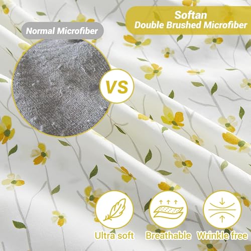 Softan Yellow Floral Bed Sheets Full Flower Printed Sheets - Patterned Microfiber Fitted Sheets Full with 15" Deep Pocket & Non-Slip Straps, Cute Flower Sheets & Pillowcase Set - Image 3
