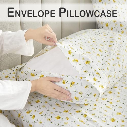 Softan Yellow Floral Bed Sheets Full Flower Printed Sheets - Patterned Microfiber Fitted Sheets Full with 15" Deep Pocket & Non-Slip Straps, Cute Flower Sheets & Pillowcase Set - Image 5
