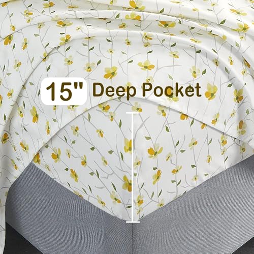 Softan Yellow Floral Bed Sheets Full Flower Printed Sheets - Patterned Microfiber Fitted Sheets Full with 15" Deep Pocket & Non-Slip Straps, Cute Flower Sheets & Pillowcase Set - Image 4