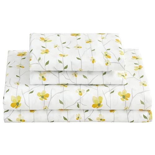 Softan Yellow Floral Bed Sheets Full Flower Printed Sheets - Patterned Microfiber Fitted Sheets Full with 15" Deep Pocket & Non-Slip Straps, Cute Flower Sheets & Pillowcase Set - Image 1