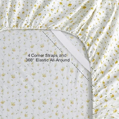 Softan Yellow Floral Bed Sheets Full Flower Printed Sheets - Patterned Microfiber Fitted Sheets Full with 15" Deep Pocket & Non-Slip Straps, Cute Flower Sheets & Pillowcase Set - Image 2