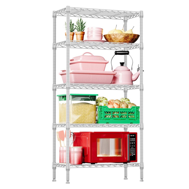 IZEUK 5 Tier White Metal Storage Shelves, Heavy Duty Wire Shelving Rack for Garage, Kitchen, Bathroom, Laundry, or Closet Organization, 1250 lbs Capacity, 11.8" D x 29.5" W x 59.5" H - Image 1