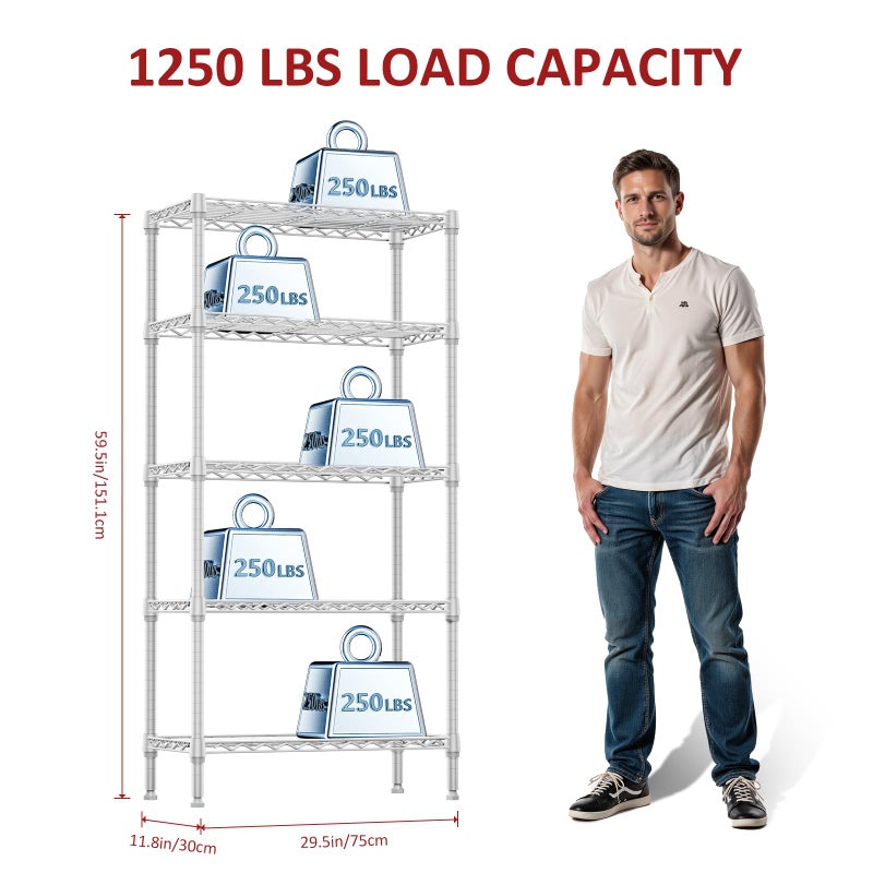 IZEUK 5 Tier White Metal Storage Shelves, Heavy Duty Wire Shelving Rack for Garage, Kitchen, Bathroom, Laundry, or Closet Organization, 1250 lbs Capacity, 11.8" D x 29.5" W x 59.5" H - Image 2