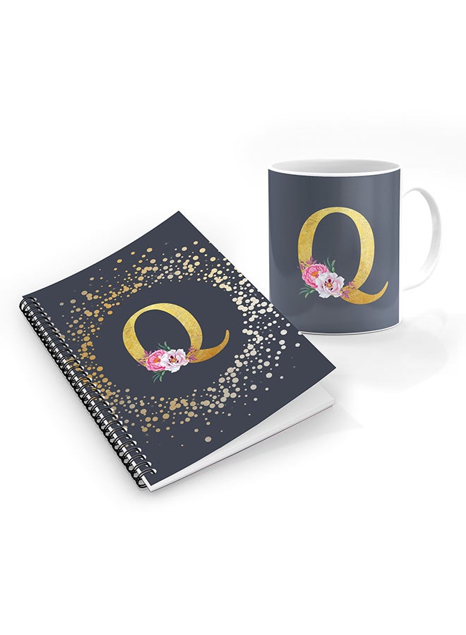 Stylizedd Printed Coffee Mug + A5 Spiral Notebook Memo Personalised Combo Gift Set Custom Monogram Initial Letter Floral Pattern Alphabet - Q  (Grey )