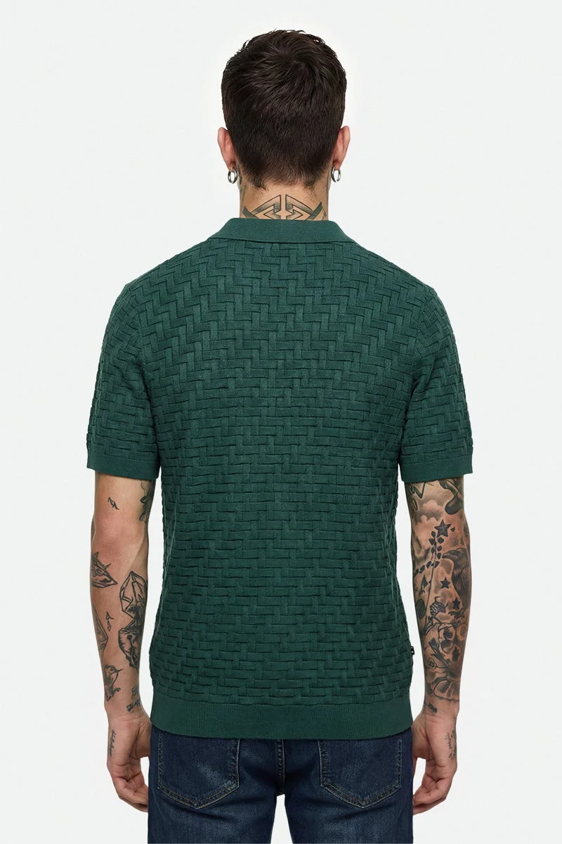 SNITCH Dark Green Textured Half Sleeve Regular Fit Casual T-Shirt