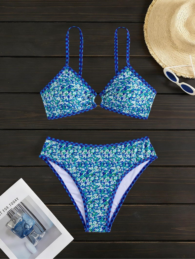 Tainehs Women's Two Piece Bikini Sets O Ring Front Top Ditsy Floral Triangle Swimsuits Cheeky Bathing Suit - Image 4
