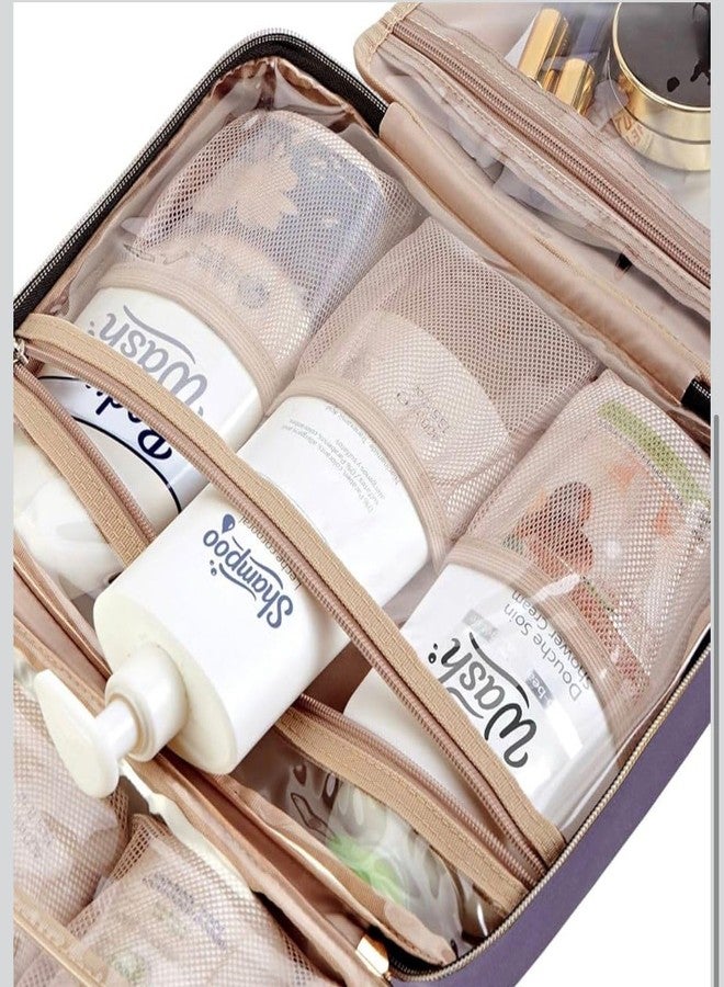 Medium Travel Toiletry Bag for Women, Hanging Makeup Organizer with 4 Compartments, Fits Full-Sized Shampoo and Conditioner, Water-Resistant, Purple. - Image 2