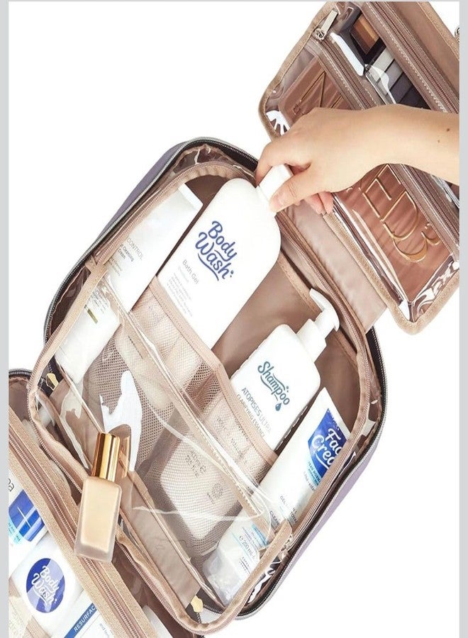 Medium Travel Toiletry Bag for Women, Hanging Makeup Organizer with 4 Compartments, Fits Full-Sized Shampoo and Conditioner, Water-Resistant, Purple. - Image 4